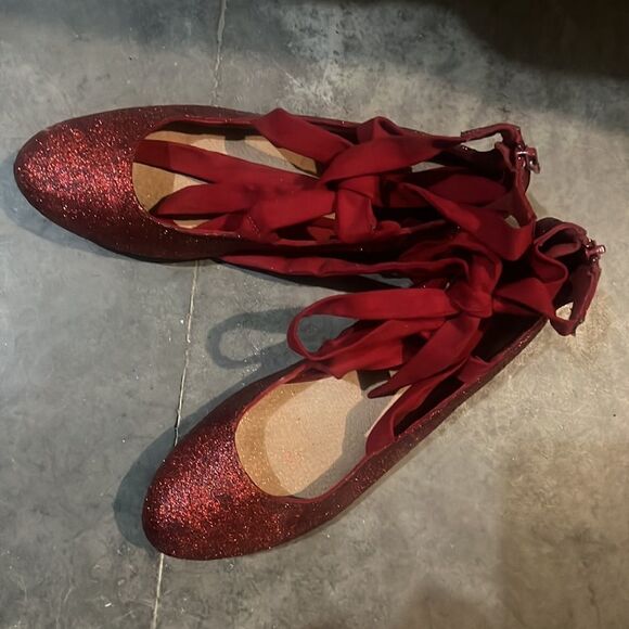 Size 6.5 Upcycled Sparkly Red Trash Ankle Wrap Ballet Flats - Picture 2 of 6